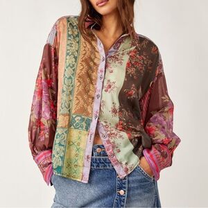 Free People We The Free Patchwork Floral Button Down Blouse Boho Cottagecore  XS